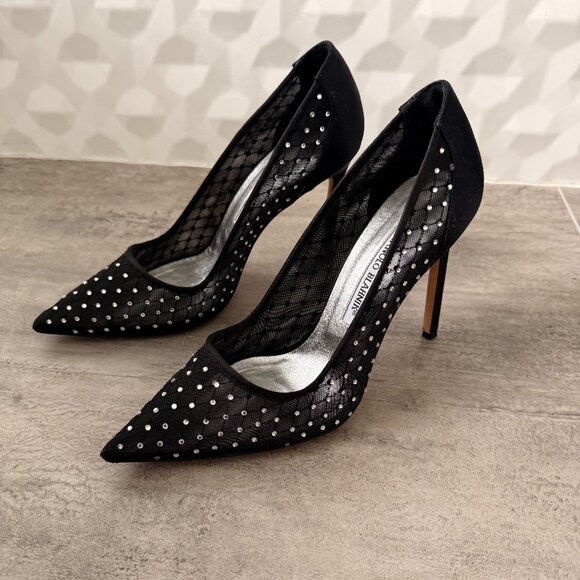 Manolo Blahnik Black Crystal Embellished Mesh and Satin Pointed Toe Pumps Sz 39